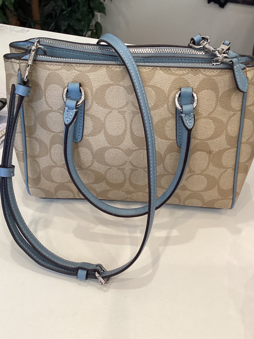 Coach Beige Signature Tote with Light Blue Trim - Picture 4 of 4